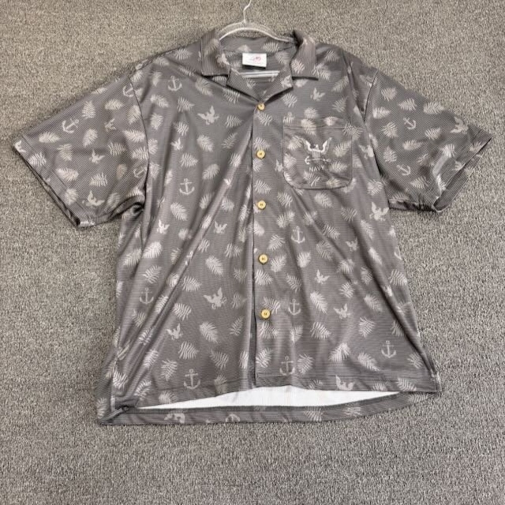 Military AE Sport US Navy Mens XL Gray Tropical Anchor Camp Shirt Made in USA